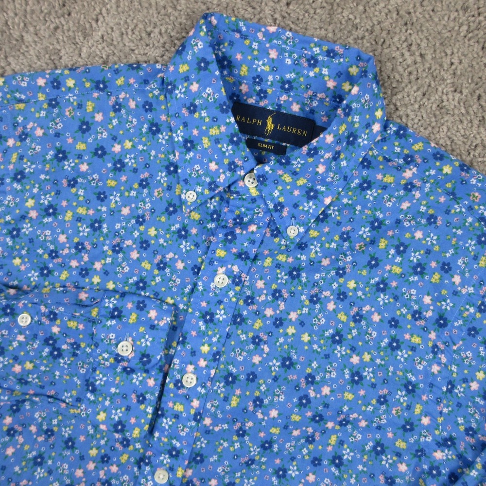 Polo‎ Ralph Lauren Shirt Mens Small Blue Floral Slim Fit Cotton Light Button Up